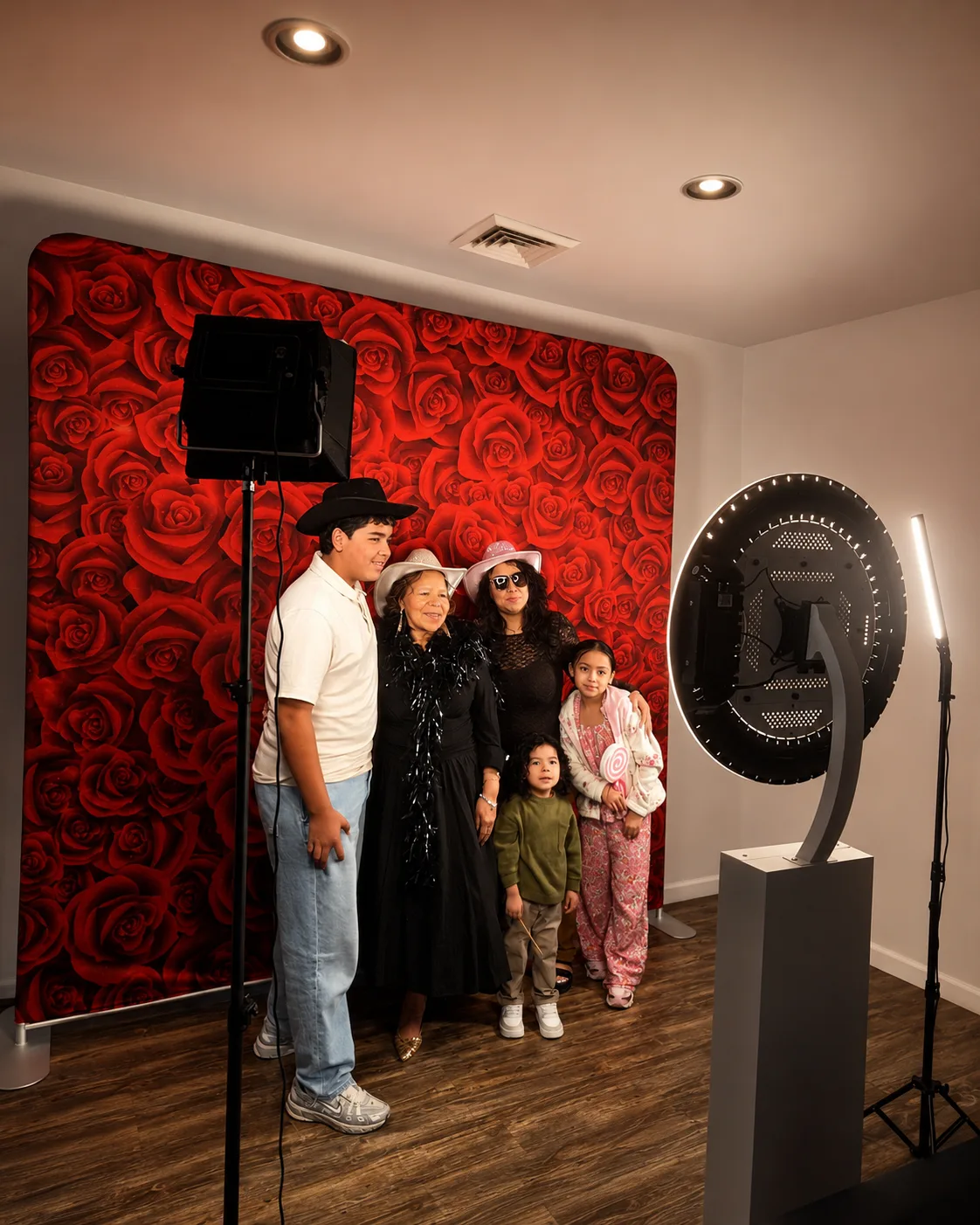 Family group photo at the red rose wall during a birthday party