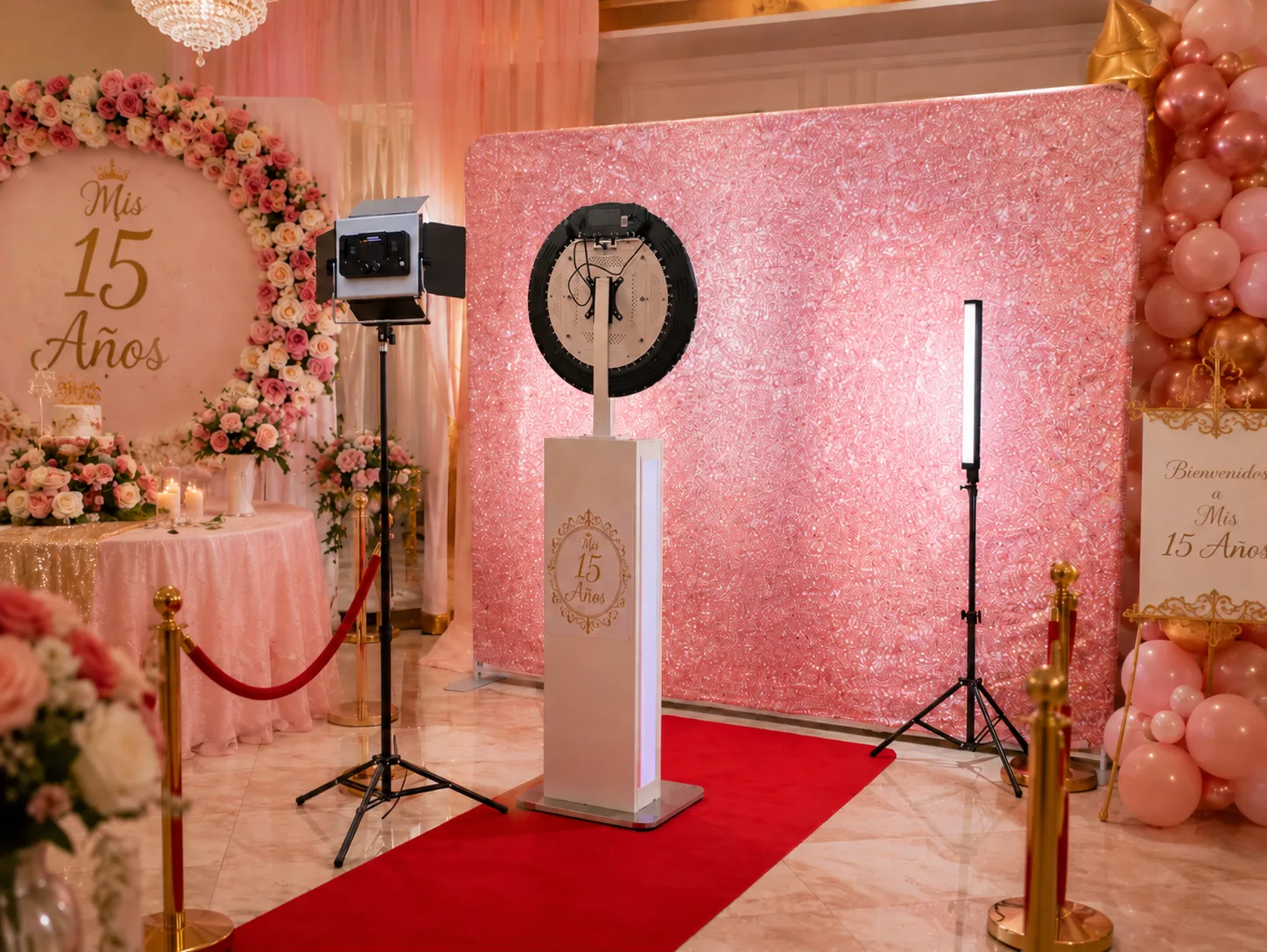Quinceañera Mis 15 Años mirror photo booth with rose gold backdrop