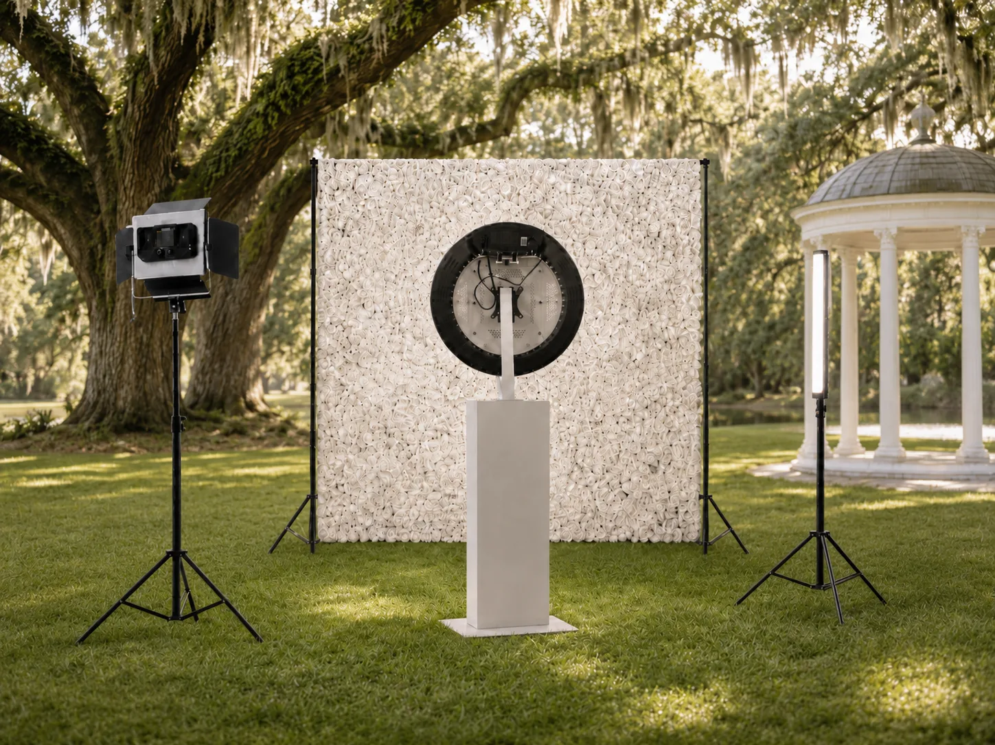 Wedding mirror photo booth with white floral wall in a garden